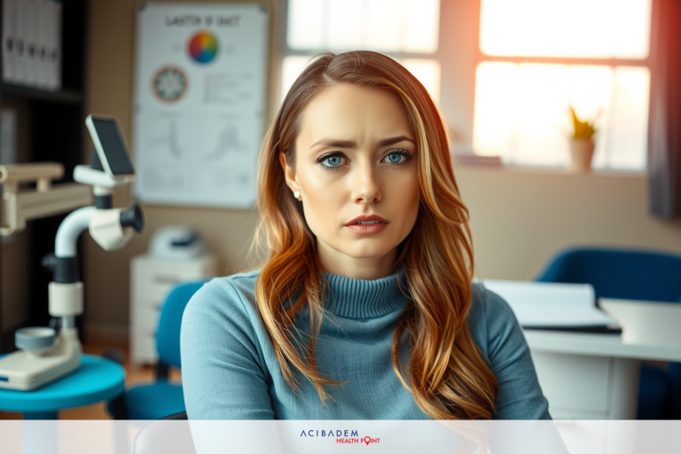 The image shows a young woman with long blonde hair, wearing a grey sweater and sitting at a desk in an office environment. Her expression appears concerned or focused. The room has modern furniture and is well-lit, suggesting a professional atmosphere.