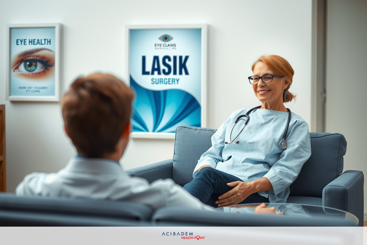 A doctor is seated in an office, wearing a surgical gown and smiling at a patient who is sitting across from her. They are having a conversation in a comfortable setting with framed artwork on the wall depicting eyes.