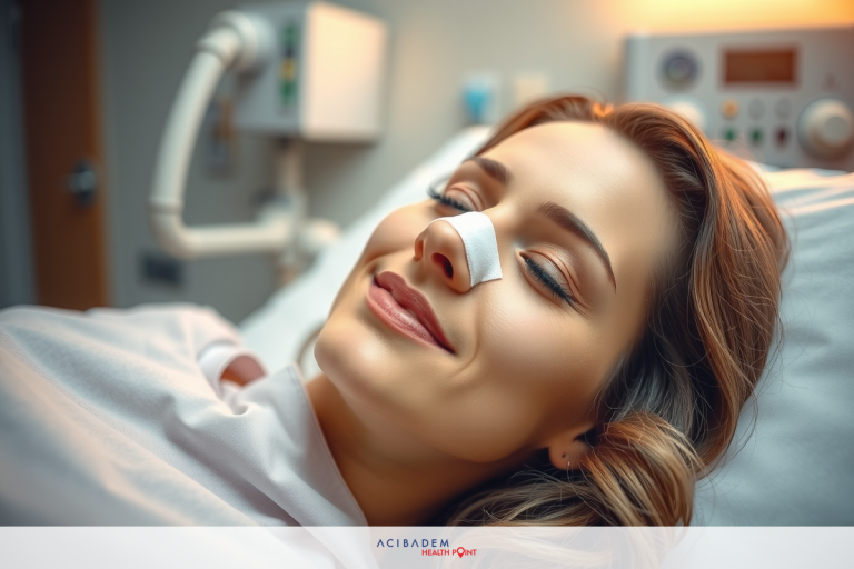 A woman is lying down in a hospital bed. She has her eyes closed and appears to be smiling. The setting includes a typical hospital environment with medical equipment visible around the bed.