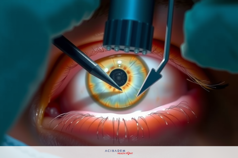 In the image, there is a close-up view of an eye during what appears to be a medical procedure. A doctor's hand can be seen, holding a tool that looks like a small scalpel or probe. The focus is on the eye, which has a corneal ulcer with yellow and red tissue damage visible around it. The surgical environment suggests a clinic or hospital setting. The image emphasizes the medical context of the scene.