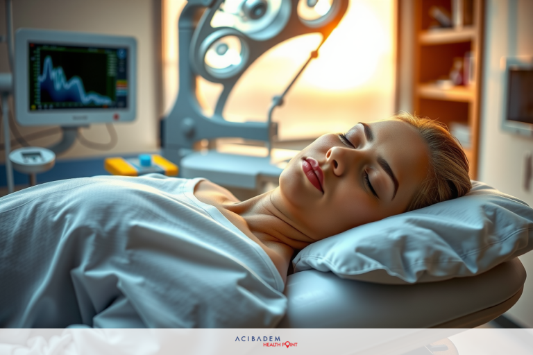 The image depicts a woman in a hospital setting, lying on a bed with medical equipment around her. She is wearing a white dress and appears to be resting or sleeping with her eyes closed.