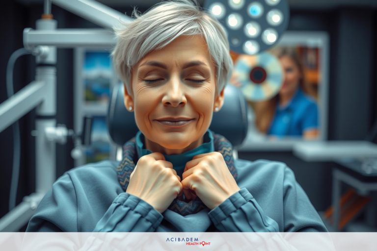 The image shows a person seated in a chair with their hands crossed over their chest. They appear relaxed, possibly in the middle of an eye examination.