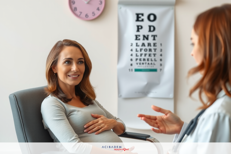 Is Laser Eye Surgery Safe During Pregnancy The image shows a woman seated in a medical office chair, smiling and seemingly at ease. She appears to be pregnant, with her hands resting on her belly.
