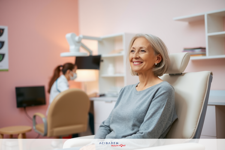 An elderly woman sitting in a chair, smiling. The room has a modern and clean design with white furniture.