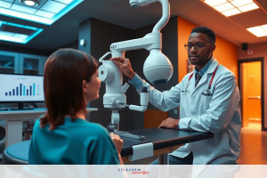 This is an image of a medical scene. A patient and a doctor are seated together in what appears to be a modern, well-equipped examination room. Doctor wearing a white lab coat and stethoscope performing an eye examination on patient sitting across from him. There are various pieces of medical equipment visible, such as an ophthalmoscope, slit lamp, and computer monitors displaying data or images related to medical analysis.