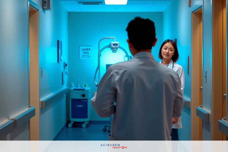 The image shows a hospital setting. In the foreground, there is a doctor, identifiable by their medical attire including white coat and a stethoscope around their neck.