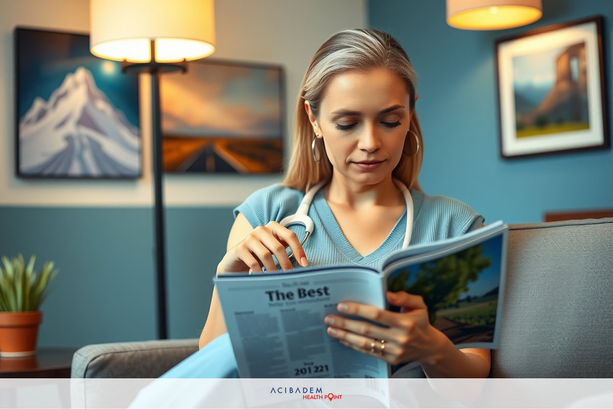 A woman reading a magazine in an office setting. She is seated on a couch with a plant nearby, surrounded by framed artworks on the walls.