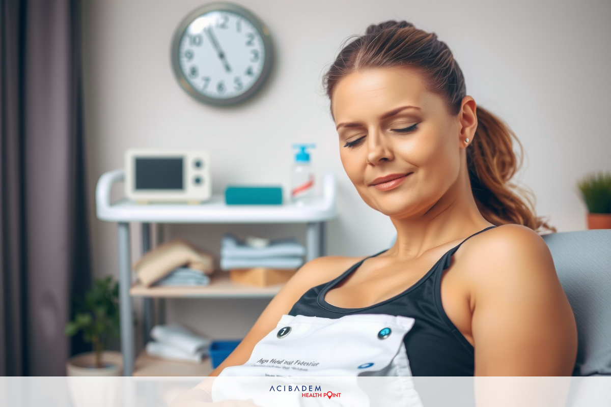 The image shows a woman seated in what appears to be an examination or healthcare setting. She is dressed casually and has her eyes closed, possibly indicating relaxation or focus during the session.