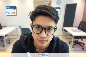 The image shows a young man wearing eyeglasses sitting at a desk with a computer monitor in the background. He appears to be indoors, likely in an office or study environment.