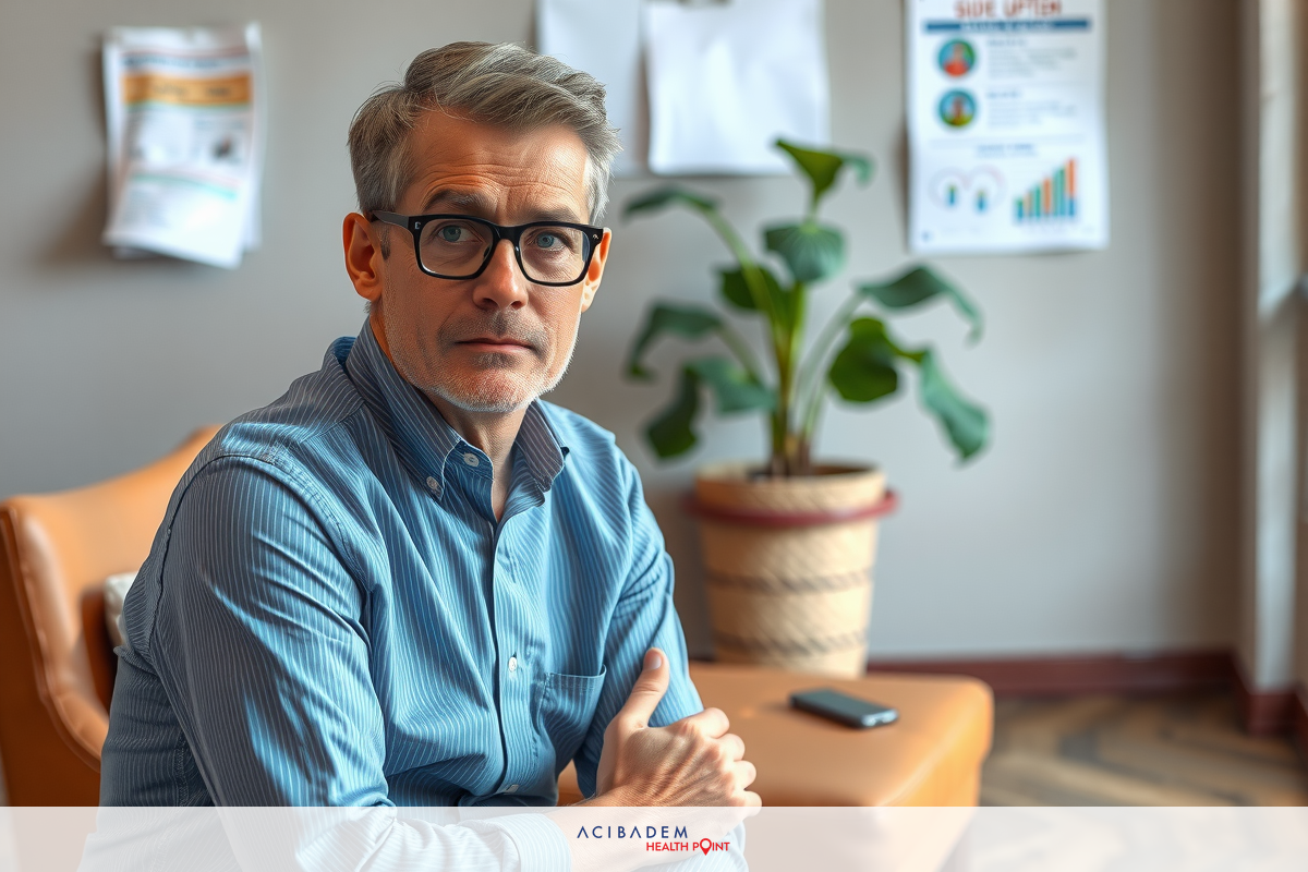 The image shows a man sitting in an office environment. He is wearing glasses and has his arms crossed on the table, possibly indicating a serious or contemplative mood.
