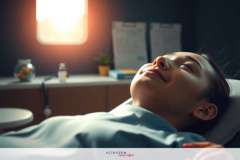 A woman lying in a hospital bed, smiling and closing her eyes. She is wearing medical attire and there are various medical items around her, such as bottles of medicine, a potted plant, and clinical decor.