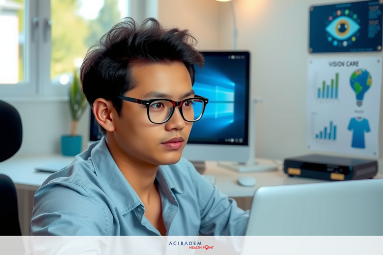 Can Computers Damage Eyes After LASIK? The image is a close-up shot of a man sitting at a desk working on a laptop. The setting appears to be an office environment with various computer monitors and equipment in the background.