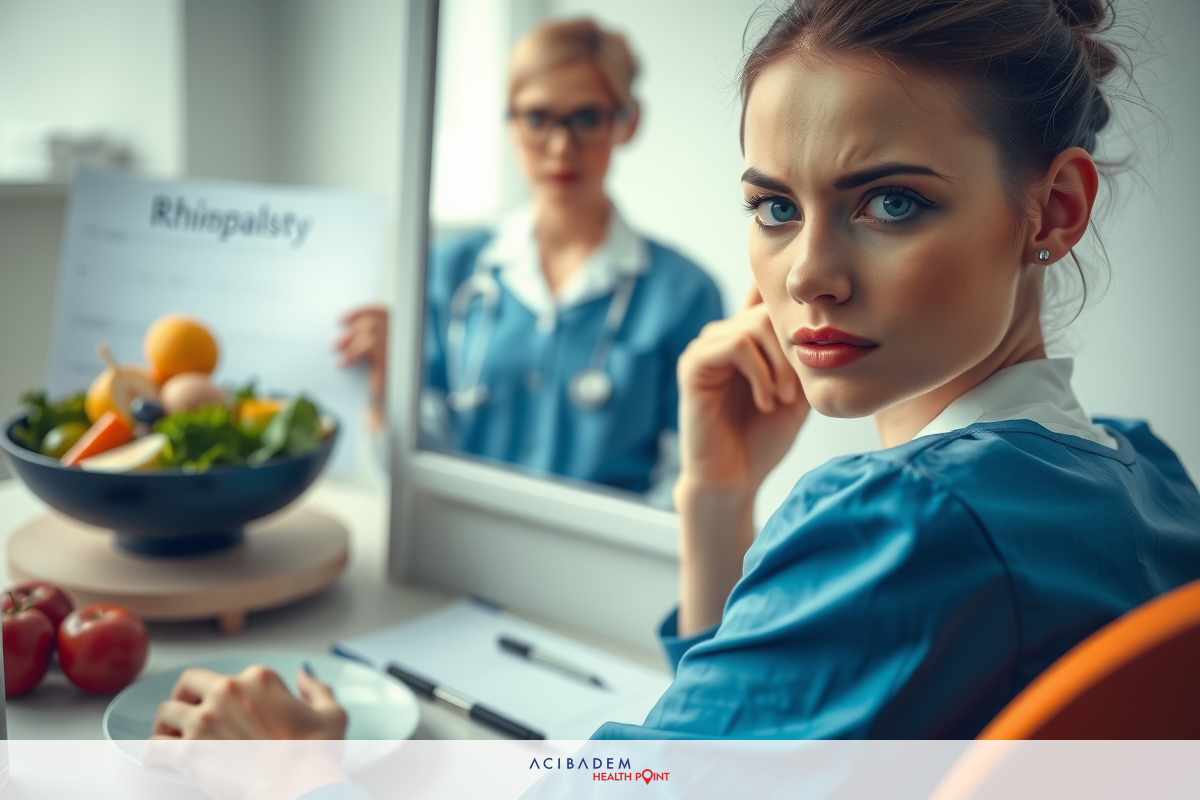 The image shows a woman, presumably in the medical field given her attire and surroundings. She is focused on work at a desk with various items such as a bowl of food, fruits like apples and oranges, pens, and papers indicating an active professional setting.