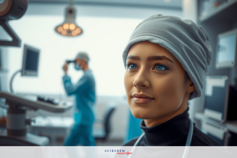 The image depicts a clinical setting with medical personnel and equipment. A young woman is seen wearing a surgical cap and a medical gown, sitting at an ophthalmic examination station.