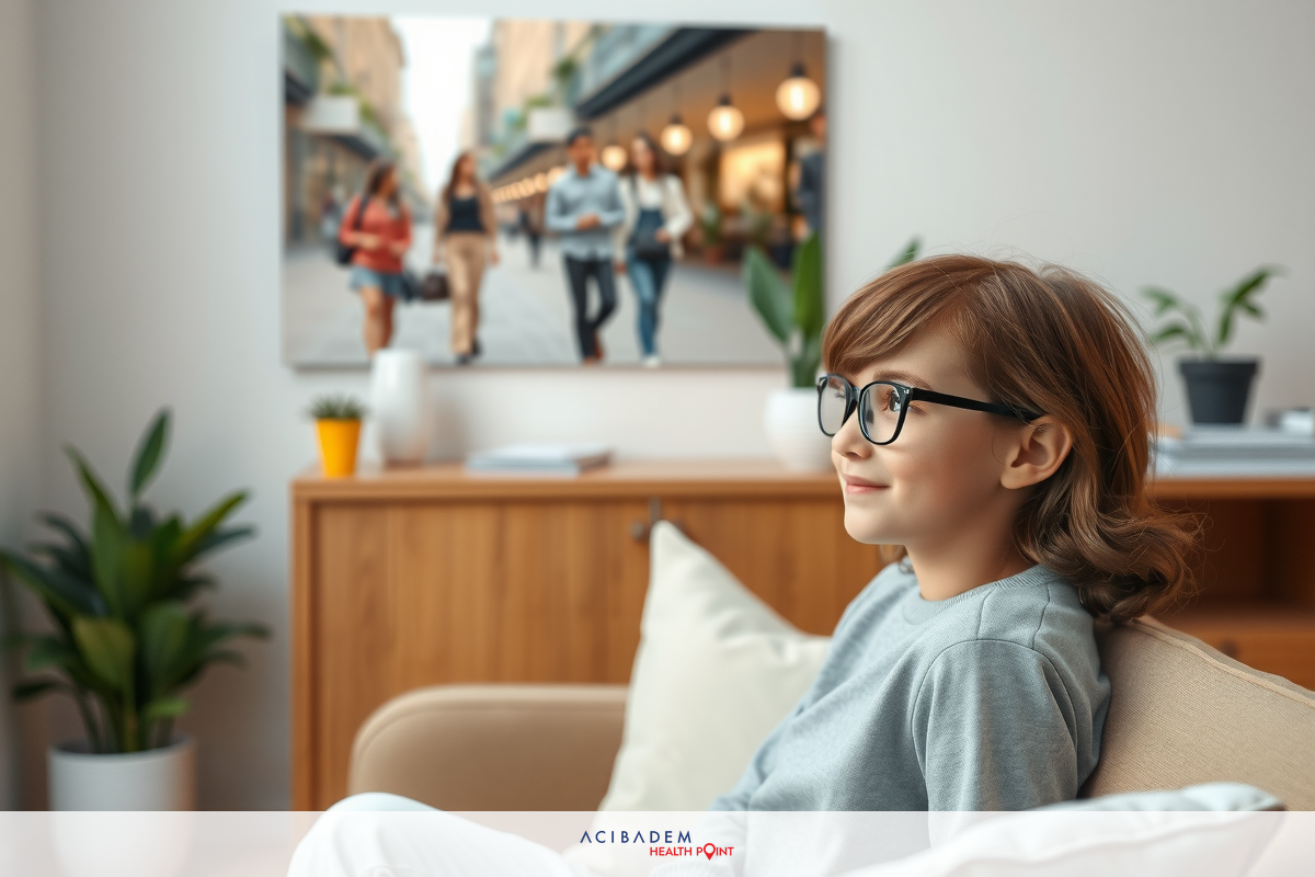 The image shows a young girl sitting on a couch in a modern living room setting. She is wearing glasses and appears to be watching something on a screen out of frame. The room has a warm, inviting atmosphere with neutral colors and tasteful decor.