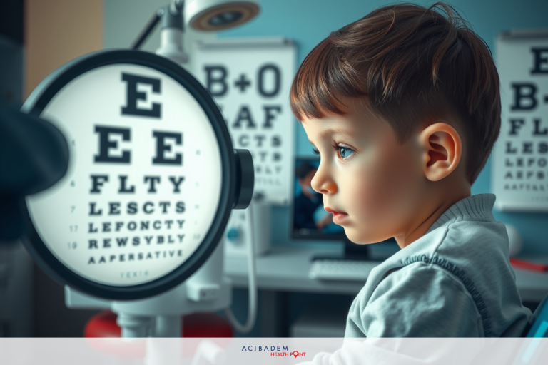 Can Laser Eye Surgery Correct Amblyopia The image features a young boy sitting in front of an optical device, possibly an eye examination machine. The environment suggests a clinical setting, indicated by the examination device and mirror.
