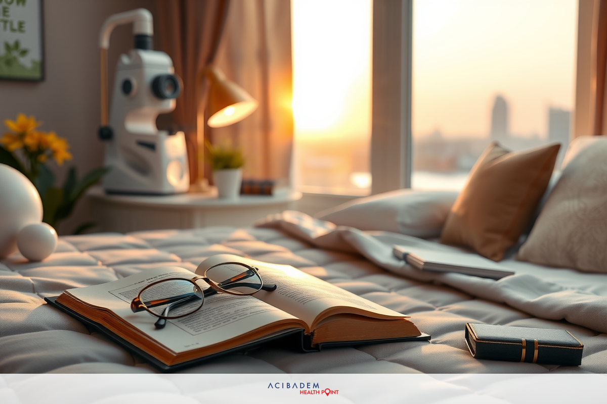 The image depicts a well-lit bedroom with an inviting atmosphere. A bed with neatly arranged pillows and blankets is central in the room.