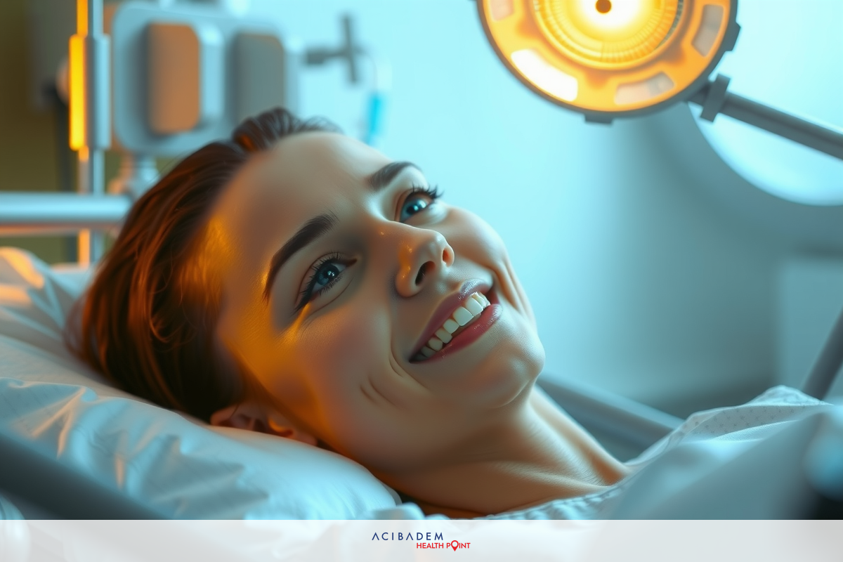 The image depicts a woman lying down in what appears to be a medical setting. She has a warm smile on her face and seems to be enjoying the experience.