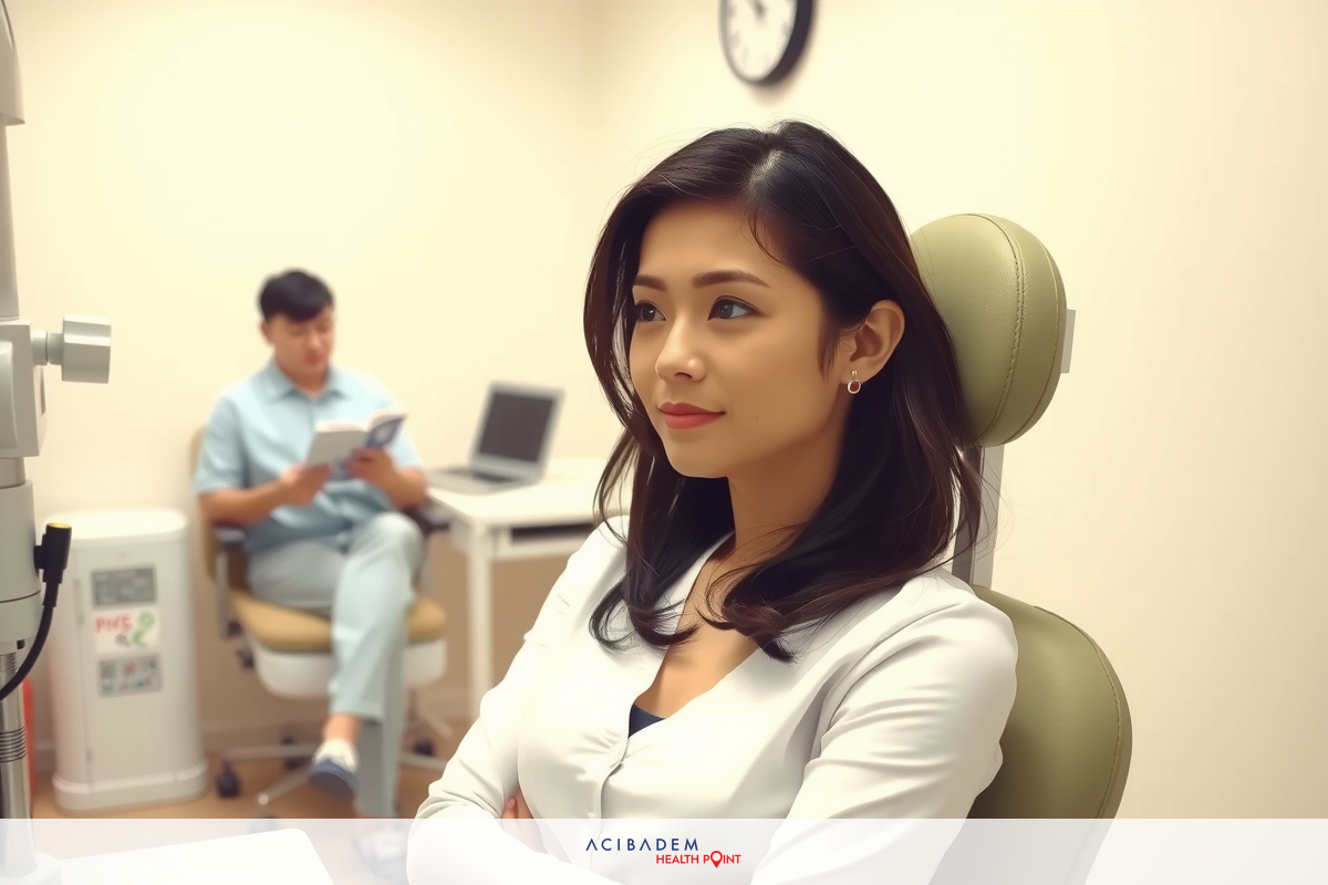 An image of a woman sitting in a chair, looking to her left. The environment suggests a medical office with clinical equipment visible around her.
