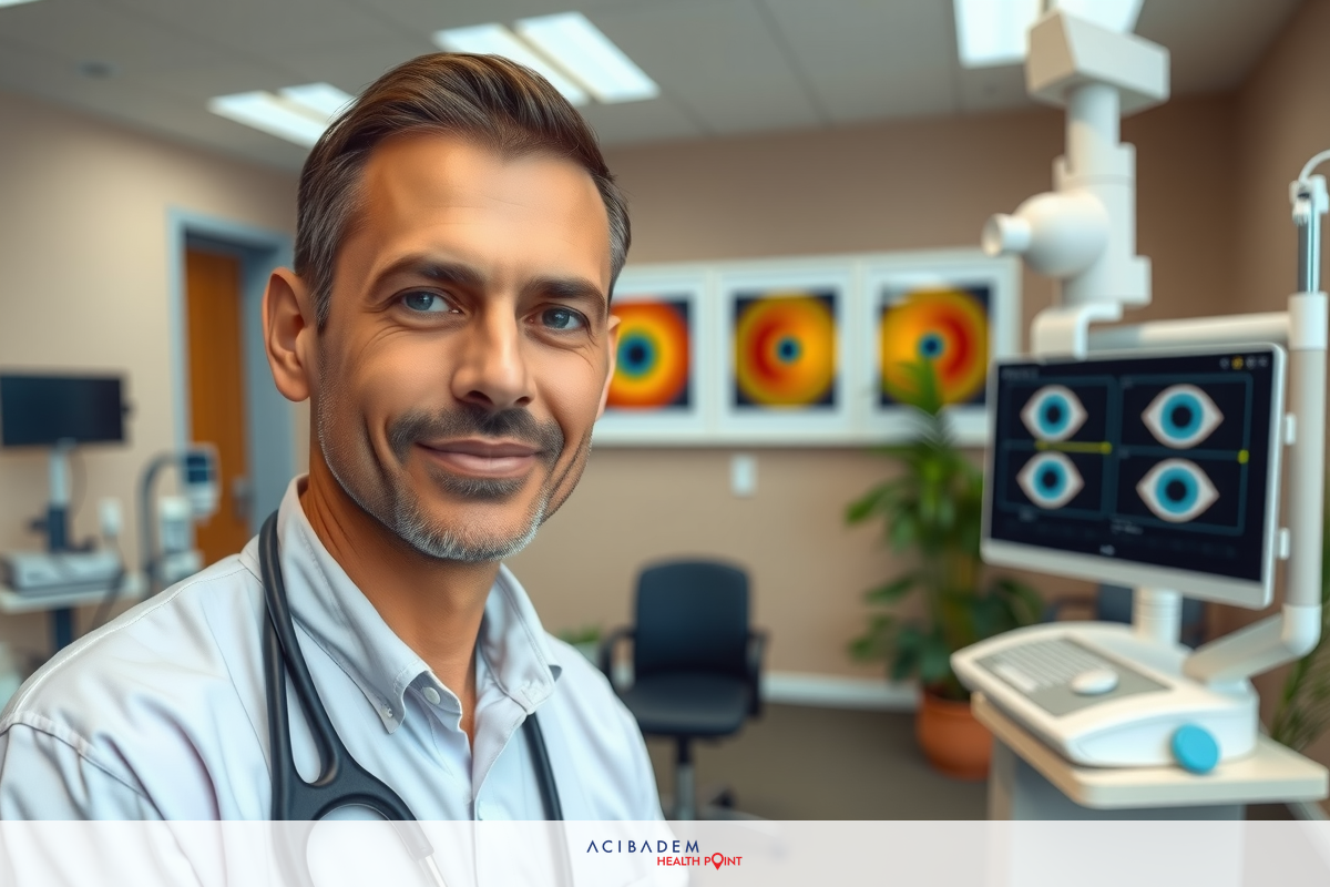 The image features a man who appears to be a medical professional, possibly an optometrist or ophthalmologist, given the presence of eye-related equipment in the background.