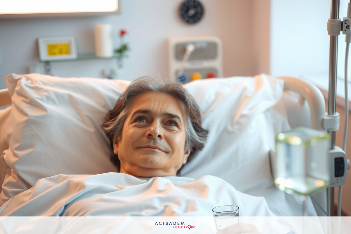 This is an image of a person in a hospital bed. The individual appears to be smiling and seems to be comfortable. There are medical devices such as a drip and various medical equipment around the bed indicating that this person might have just undergone treatment or is receiving care.