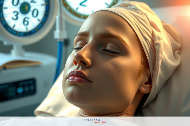 A woman lying on a hospital bed with medical equipment around her. She appears to be resting or sleeping.