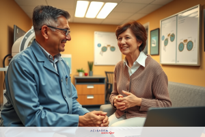 Two adults having a conversation, probably in a professional or academic setting. A man and a woman are seated, both looking at each other with smiles on their faces.