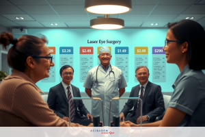 The picture shows a modern optometry office with a friendly atmosphere. A group of people, including an optometrist and two clients, are chatting. The office is well lit with light.