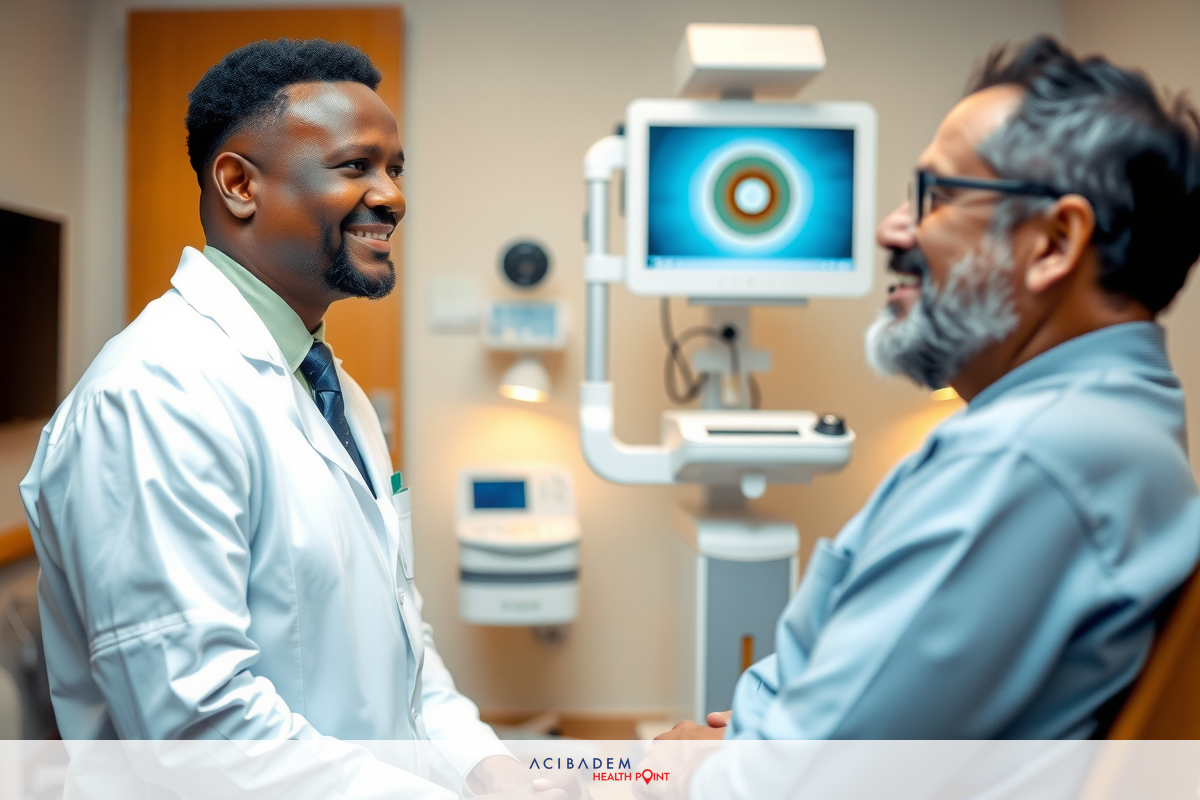 The image shows a medical office setting. In the foreground, two men sit in front of an examination chair equipped with a high-tech eye camera. One man wears a white coat that marks a healthcare professional, while the other appears to be a patient.