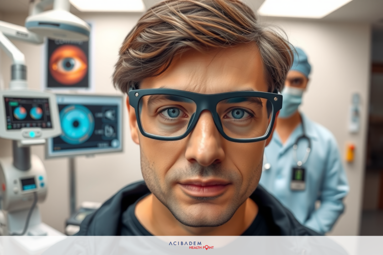 Man wearing glasses in a hospital setting. The background includes medical equipment such as monitors and an examination table.