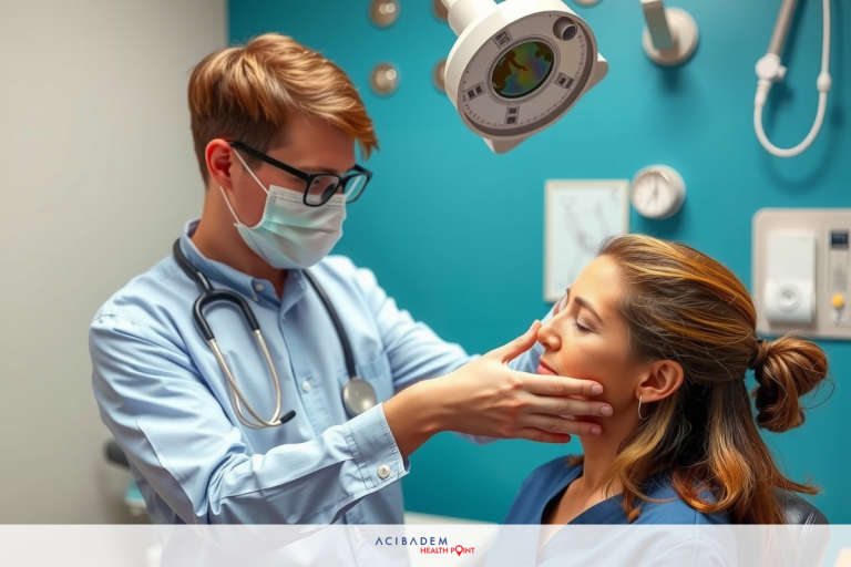 The image shows a medical professional, examining a patient's eyes. The setting is an office environment with a blue wall and clinical equipment visible in the background.