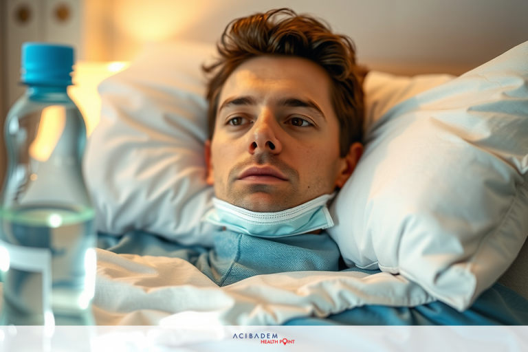 Why Not to Blow Your Nose After Rhinoplasty A man lying in a hospital bed, wearing surgical mask and gown, with his hand holding a water bottle.