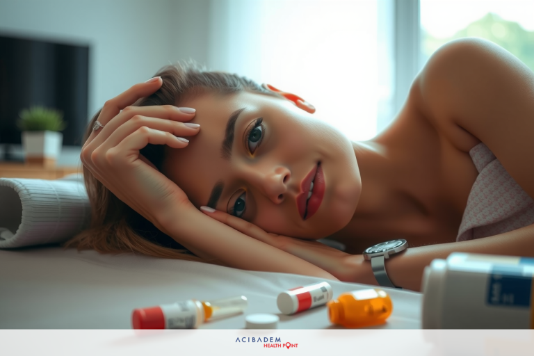 The image shows a woman lying on a bed with her head resting on her hand. There are multiple pill bottles scattered around the bed, suggesting a scene of someone managing their medication or possibly dealing with health-related issues.