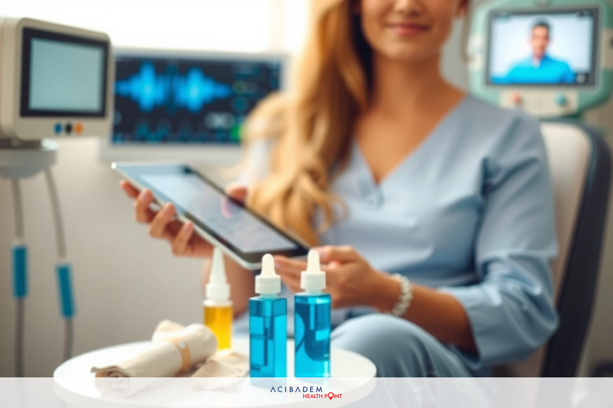 A woman in a hospital bed is holding a tablet with her right hand, while resting on the left. She has various medical equipment around her and there are bottles of medicine or vitamins nearby.