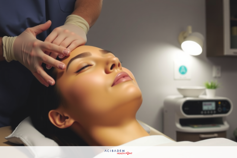 The image shows a person lying on an examination table in what appears to be a medical or spa setting. There is a professional, likely a nurse or therapist, who seems to be performing some sort of skincare treatment or facial massage.
