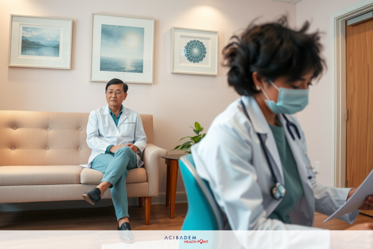 The image depicts a medical office setting with two healthcare professionals. On the right, a person wearing medical attire and holding papers sits on a couch, presumably reviewing patient records. In the background, a male doctor sits cross-legged on a couch.