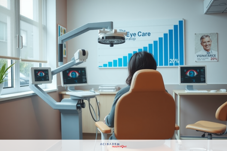 This is a photograph of an eye examination room. A person sits in the chair facing two computer screens displaying various graphs and data. The environment appears to be professional, likely within an optometry or ophthalmology clinic. The lighting is bright and neutral, emphasizing the medical equipment.