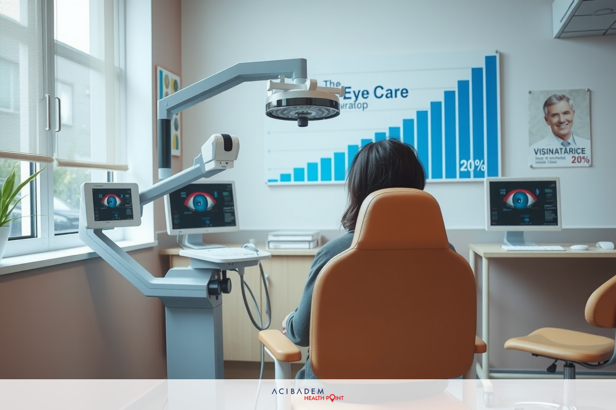 This is a photograph of an eye examination room. A person sits in the chair facing two computer screens displaying various graphs and data. The environment appears to be professional, likely within an optometry or ophthalmology clinic. The lighting is bright and neutral, emphasizing the medical equipment.