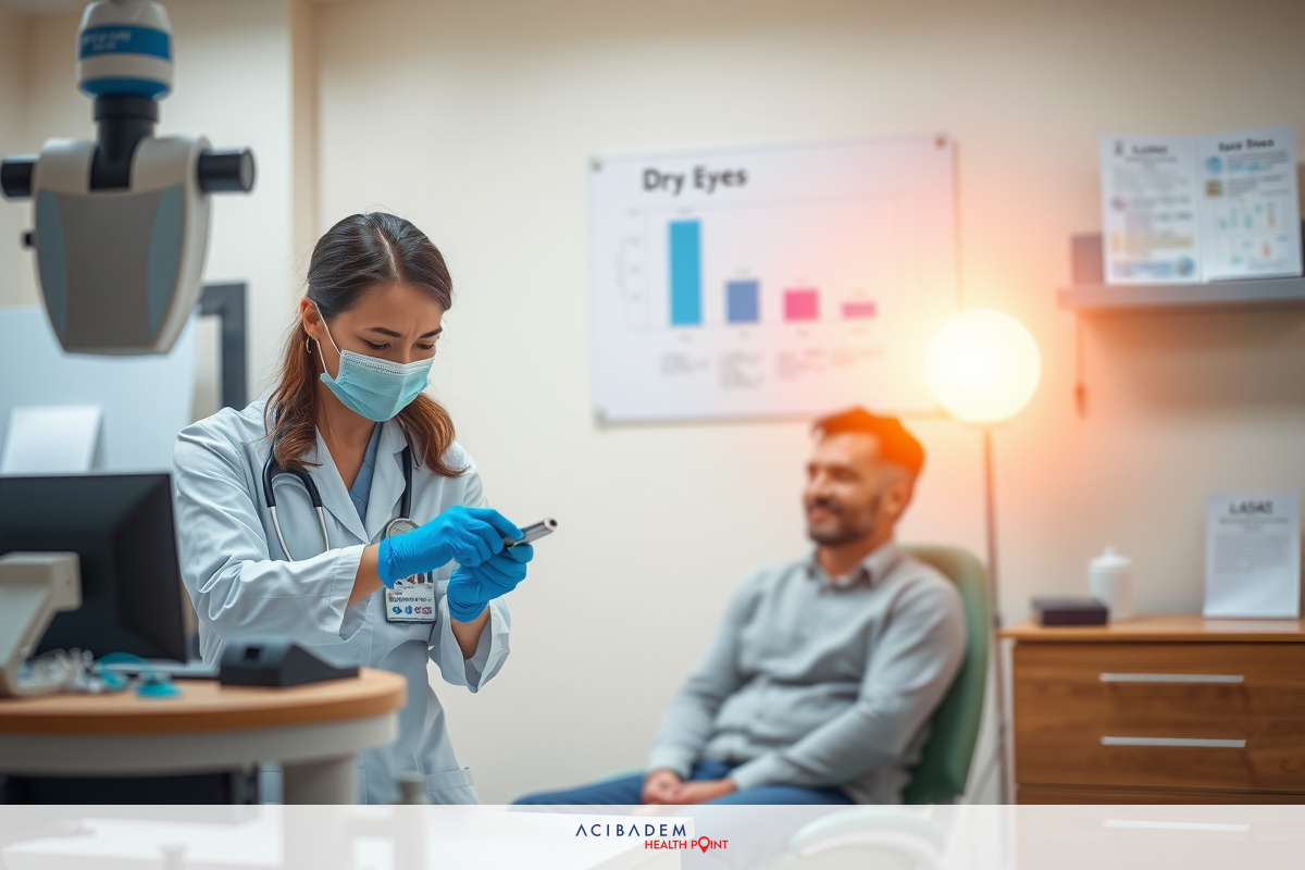 The image depicts a medical setting where a healthcare professional is examining a patient's eyes. The professional is wearing protective eyewear and has a stethoscope around their neck, indicating they are likely an ophthalmologist or optometrist.