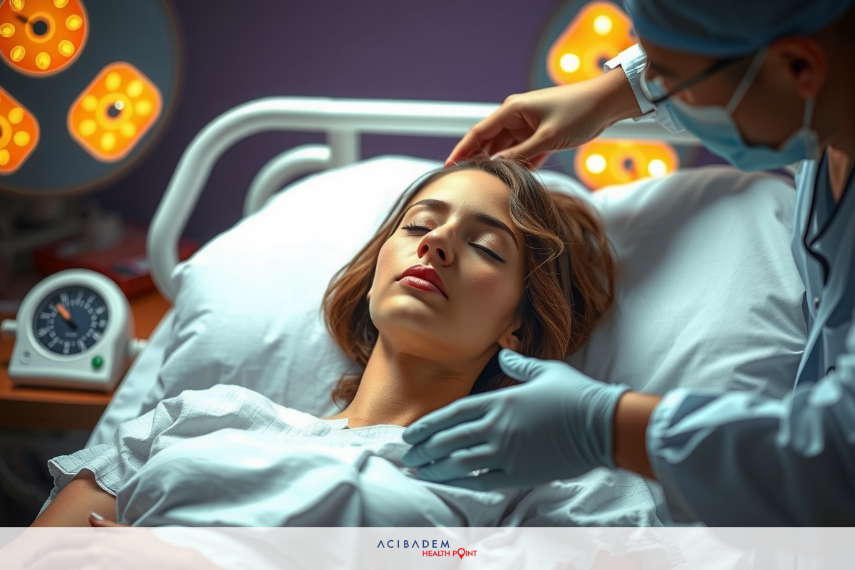 The image depicts a medical setting with a woman lying in a hospital bed. A doctor is attending to her, possibly providing care or treatment. The environment suggests this could be an operating room due to the presence of monitors and medical equipment around.
