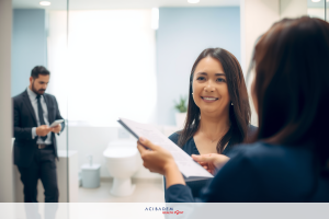 Two women standing in an office, smiling and talking to each other. One woman is holding paper, the other is looking at it. In the background, a man in a suit walks towards the two women chatting and is holding a phone.