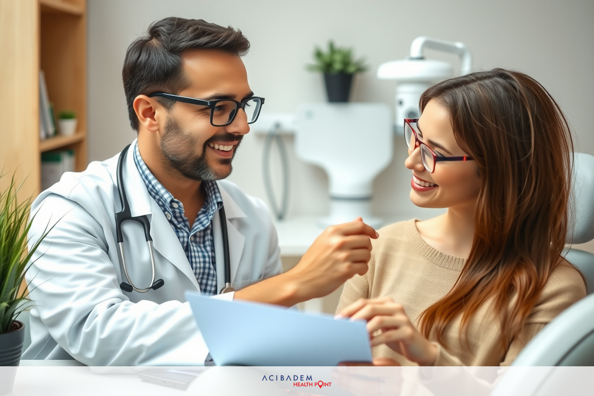 In an eye office, a doctor examines a patient's eyes while sitting in a chair. They are smiling and looking at documents on a clipboard containing medical records or treatment plans. The setting includes sterile clinical equipment, including various medical instruments visible in the background.