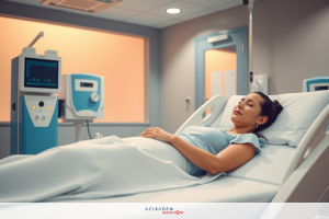 The image features a woman lying in a hospital bed with medical equipment around her. She appears to be in a resting state, possibly post-surgery or receiving treatment.