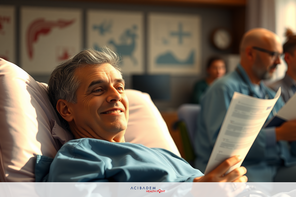 The image depicts a man lying in a hospital bed, smiling and reading. He is surrounded by medical professionals who appear to be engaged in their own tasks. The environment suggests a modern, well-equipped medical facility.
