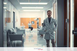 The image shows a man in a doctor's coat, standing confidently with his hands in his pockets in the hallway of a medical facility. The setting includes examination tables and chairs visible in the background.