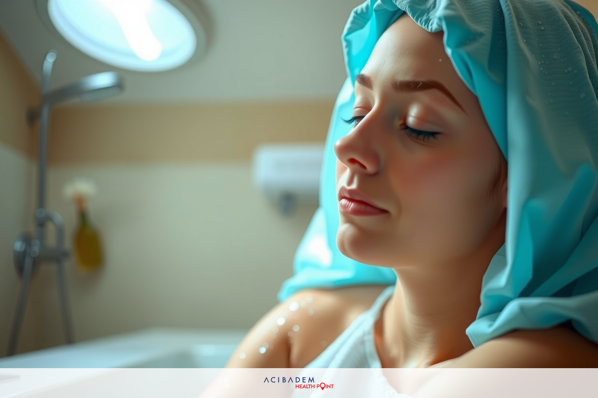 The image shows a woman sitting in a bathtub, wearing a blue shower cap. She has her eyes closed and appears to be enjoying a relaxing bath. The environment suggests a personal home setting with a bathroom fixture visible in the background.