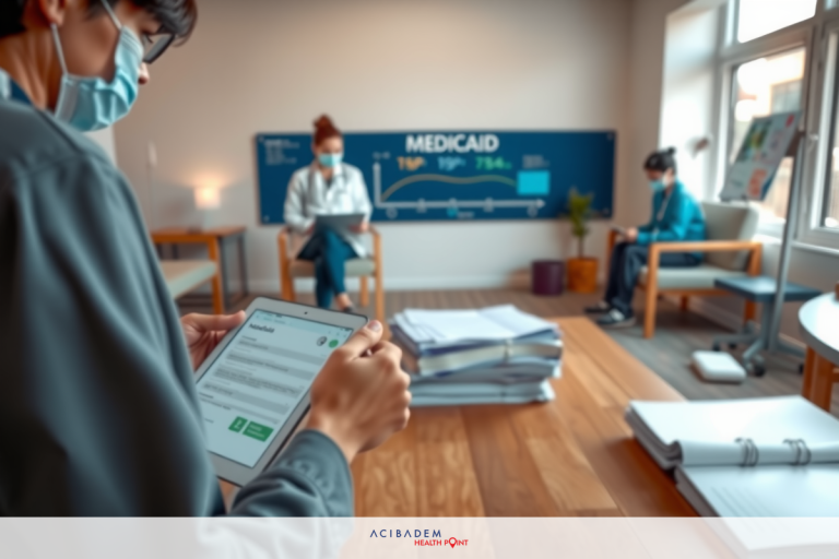 The image shows a group of medical professionals in an office environment. They are wearing protective face masks and appear to be engaged in discussion or examination of patient records, as evidenced by the electronic tablet one is holding.