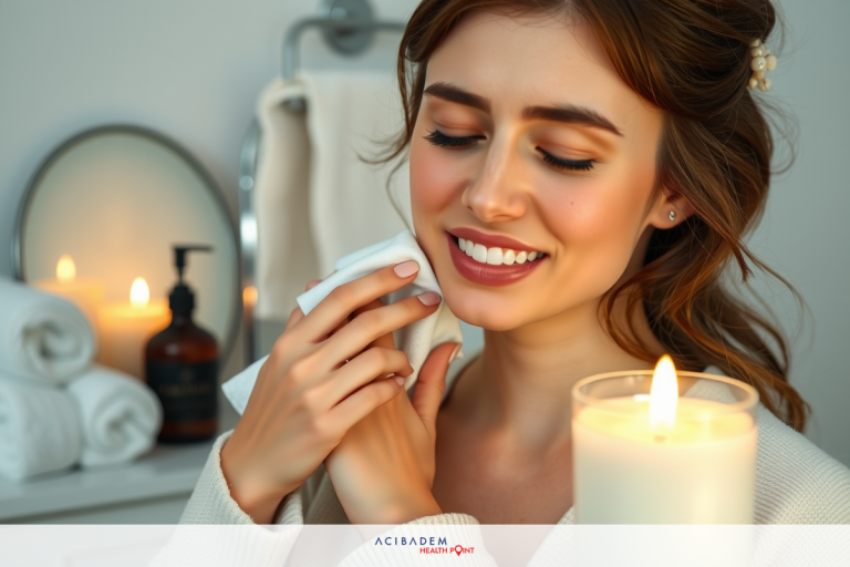 Smiling woman in a cozy bathroom setting, self-care moment, candles and towels, lighting creates a warm ambiance.