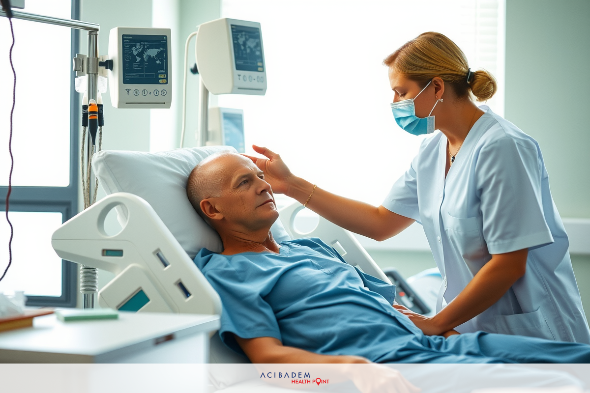 A hospital setting with medical staff caring for a patient. A nurse is checking the patient's vital signs. The environment is clinical, with medical equipment around.