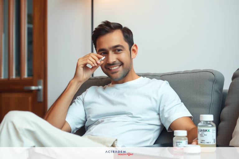 The image shows a man sitting comfortably on a couch, possibly with eye lotion in one hand, smiling at the camera. He is dressed casually and appears relaxed in what appears to be an indoor setting.